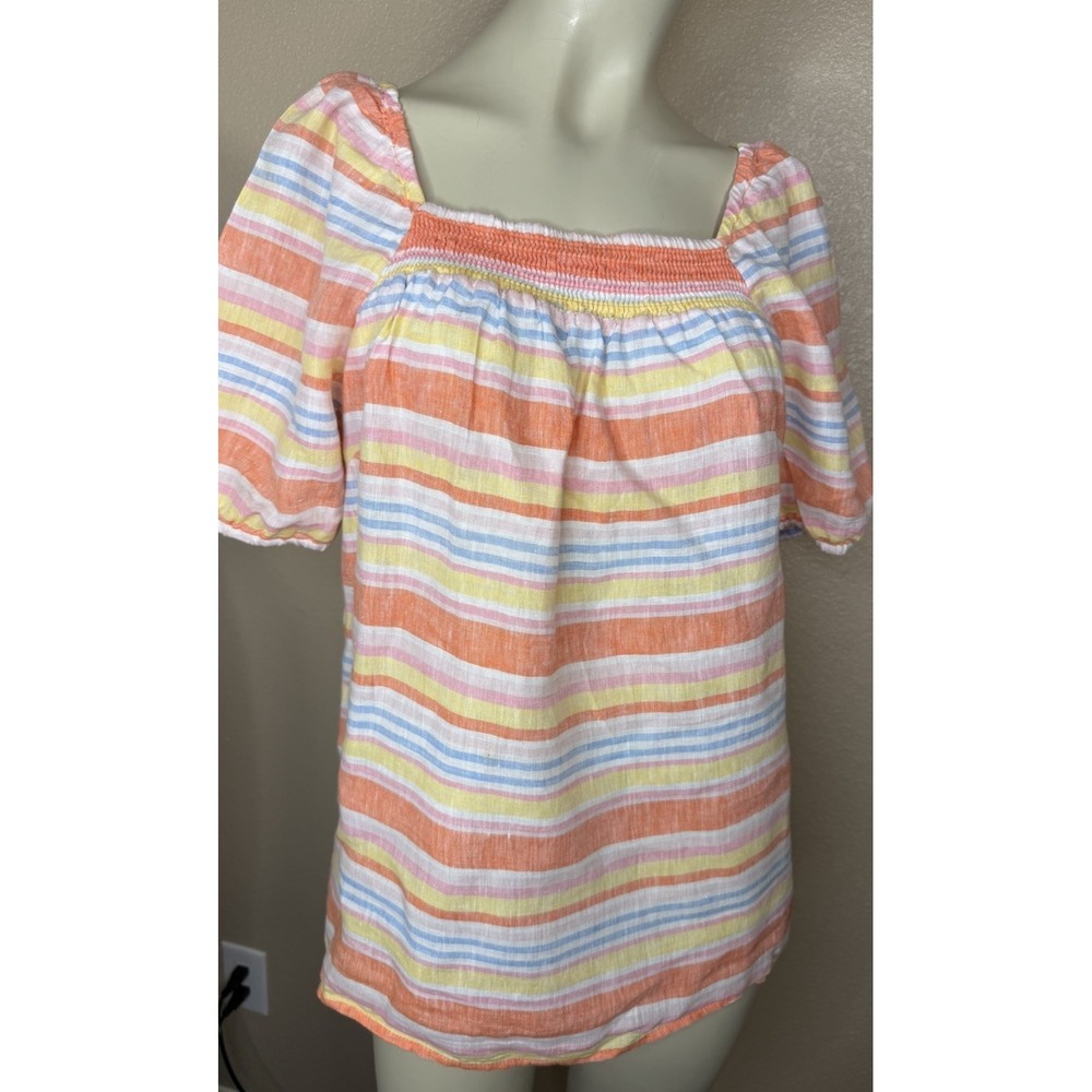 Talbots Linen Stripe Peasant Blouse Medium Puff Sleeve Smocked Square Neck M